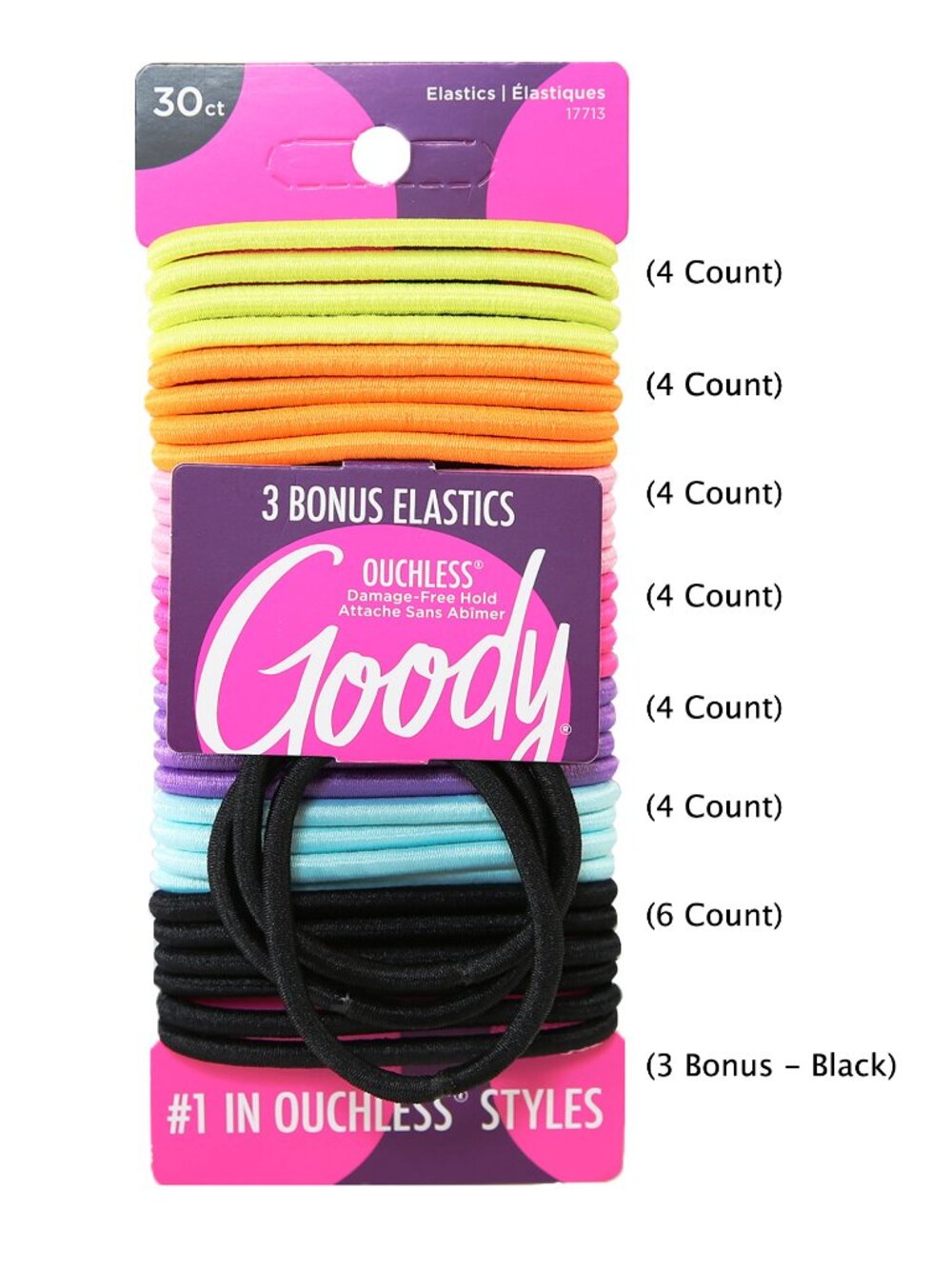 GOODY Ouchless Elastics Hair Ties - 4MM (Medium-Thick Hair) Neon, 30+3 Ct